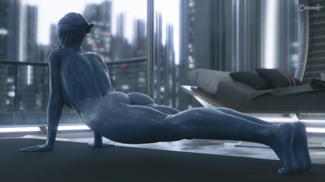 all_fours bed blue_body blue_skin breasts butt city feet female furniture glistening glistening_body glistening_butt glistening_skin inside not_furry nude pillow side_boob solo stretching window yoga ceeeeekc bioware electronic_arts mass_effect liara_t'soni alien alien_humanoid asari humanoid 16:9 2025 3d_(artwork) 4k absurd_res digital_media_(artwork) hi_res widescreen