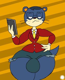 accessory anthro bottomwear bulge clothing countershade_face countershading curvy_figure denim denim_bottomwear denim_clothing denim_shorts eyelashes eyewear femboy freckled_face freckles glasses hair hand_on_hip jacket logo male necktie shorts small_waist solo tail text thick_thighs topwear wasp_waist whiskers wide_hips thatdawgmurray animal_crossing nintendo lyle_(animal_crossing) mammal mustelid otter aliasing artist_logo artist_name digital_media_(artwork) hi_res signature