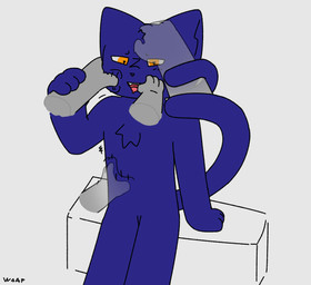 anthro big_tail blue_body blue_fur blush bodily_fluids canine_teeth ex: finger_in_mouth fur group headpat long_tail male nude open_mouth orange_eyes saliva solo standing sylas_(wdaf) tail teeth text trio wdaf felid feline mammal pat_(disambiguation) russian_text