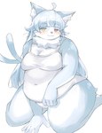 2_tails anthro belly biped blue_body blue_fur blue_hair blush bottomless breasts cheek_tuft cleavage clothed clothing crossgender eyebrow_through_hair eyebrows facial_tuft featureless_crotch female fur fur_collar hair half-closed_eyes heterochromia inner_ear_fluff kemono kneeling long_hair looking_at_viewer moobs mtf_crossgender multi_tail multicolored_body multicolored_fur narrowed_eyes navel_outline overweight overweight_anthro overweight_female shirt simple_background smile solo tail tank_top thick_thighs three-quarter_view topwear translucent translucent_hair tuft two_tone_body two_tone_fur whiskers white_background white_body white_fur wide_hips acorn12_o japan_air_self-defense_force omaneko_(jasdf) domestic_cat felid feline felis mammal hi_res