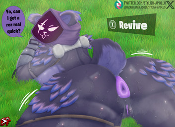 anthro anus armor asking_viewer belt big_anus big_breasts big_butt bodily_fluids bottomless bottomless_female breasts butt button_prompt clothed clothing dialogue female fur gameplay_mechanics gauntlets genitals glistening glistening_anus glistening_breasts glistening_butt gloves glowing glowing_eyes grass handwear hoodie looking_at_viewer looking_back looking_back_at_viewer lying mostly_nude motion_lines musk on_front plant presenting presenting_anus presenting_hindquarters presenting_vulva puffy_anus purple_anus purple_body purple_fur purple_vulva shadow_face solo sparkles subscribestar_logo sweat sweaty_breasts sweaty_butt talking_to_viewer text thick_thighs topwear twitter_handle twitter_logo vulva wide_hips stylish_apollo epic_games fortnite subscribestar twitter raven_team_leader bear mammal hi_res story story_in_description url