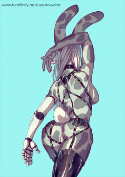 5_fingers anthro black_clothing blue_background breasts butt clothed clothing collar eyebrows female fingers fur humanoid_hands latex lingerie partially_clothed pose presenting presenting_hindquarters prosthetic prosthetic_arm prosthetic_limb simple_background solo tail text white_tail rexwind soma_(somalicious) hare lagomorph leporid mammal rabbit digital_media_(artwork) english_text hi_res