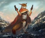 4_toes anthro biped clothed clothing day detailed_background digitigrade feet gun holding_gun holding_object holding_ranged_weapon holding_weapon male outside ranged_weapon solo standing toes trigger_discipline weapon yellow_eyes nukerooster canid canine fox mammal 2017 digital_media_(artwork)