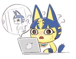 2020 animal_crossing ankha_(animal_crossing) anthro apple_inc. apple_macintosh blue_hair blush bob_cut bodily_fluids brand_parody celebrity_paradox clothed clothing computer confusion cutaway domestic_cat electronics erect_tail felid feline felis female hair laptop looking_at_computer looking_at_laptop looking_at_object looking_at_porn looking_at_screen looking_at_self macbook mammal nawa nintendo one_eye_closed open_mouth pornography question_mark self_search shocked simple_background solo sweat sweatdrop tail uraeus white_background wide_eyed wink