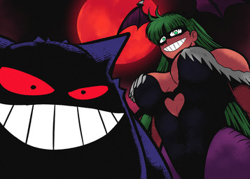anthro bat_wings breasts cleavage clothed clothing duo female first_person_view green_eyes green_hair hair head_wings holidays looking_at_viewer looking_down membrane_(anatomy) membranous_wings unusual_wing_placement wings chakk capcom darkstalkers halloween nintendo pokemon morrigan_aensland bat generation_1_pokemon gengar humanoid mammal pokemon_(species) succubus hi_res