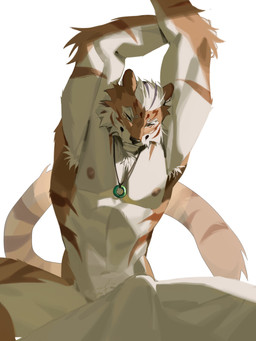 anthro armpit_hair big_tail body_hair erection erection_under_blanket fangs fur jewelry long_tail male morning_wood muscular muscular_male necklace nipples nude orange_body orange_fur simple_background smile solo stretching tail teeth white_background white_body white_fur dog23333 felid feline mammal pantherine tiger 2023 3:4 absurd_res hi_res