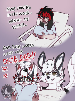 anthro back_wings black_body black_fur black_hair black_highlights bodily_fluids dialogue feathered_wings feathers floppy_ears fur grey_body grey_fur group hair half-closed_eyes highlights_(coloring) hospital_gown humor narrowed_eyes red_highlights smile tears teary_eyes text trio white_body white_fur white_hair wings moucchiato nine_months_in_my_womb_making_me_suffer cass_(casstle) moucchiato_(character) canid canine canis domestic_dog elkhound fox mammal marble_fox red_fox spitz true_fox english_text hi_res meme andromorph_(lore) trans_(lore) trans_man_(lore)