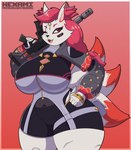 anthro big_breasts breasts dipstick_tail female fur gradient_background gun holding_gun holding_object holding_ranged_weapon holding_weapon markings one_eye_closed ranged_weapon red_background red_tail_tip scar simple_background solo tail tail_markings thick_thighs weapon white_body white_fur wide_hips wink hexami epic_games fortnite kimiko_five-tails canid canine fox mammal hi_res