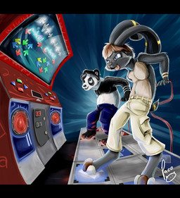 abstract_background anthro arcade_machine black_body black_fur black_hair blue_bottomwear blue_clothing blue_eyes blue_pants bottomwear brown_hair clothed clothing dancing duo fur grey_body grey_fur hair male male_anthro narrowed_eyes open_mouth open_smile pants rhythm_game short_hair smile standing tan_body tan_fur tongue tongue_out topless white_body white_fur yellow_bottomwear yellow_clothing yellow_pants pandapaco in_the_groove neevipanda canid canine lagomorph leporid mammal rabbit hi_res