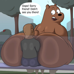 anthro bench big_butt black_bottomwear black_clothing black_eyes black_nose black_pants bodily_fluids bottomwear brown_body brown_ears brown_fur brown_skin brown_tail butt clothed clothing day duo ear_piercing ear_ring exclamation_point fur gold_(metal) gold_ear_ring grey_clothing grey_shirt grey_t-shirt grey_topwear huge_butt larger_anthro larger_male looking_at_another looking_back male male/male male_anthro male_human nude on_bench outside pants park park_bench piercing plant rear_view ring_piercing shirt short_tail shrub sitting sitting_on_another sitting_on_bench size_difference smaller_human smaller_male speech_bubble surprised sweat t-shirt tail teeth text thick_thighs three-quarter_view tongue topwear tree colossalstars cartoon_network we_bare_bears grizzly_(we_bare_bears) bear brown_bear grizzly_bear human mammal ursine 1:1 2026 absurd_res digital_media_(artwork) english_text hi_res