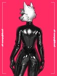 anthro butt clothing glistening glistening_latex latex latex_clothing male simple_background solo standing tailless y2k_(graphic_design) dreamatdusk canid canine mammal 3:4 hi_res