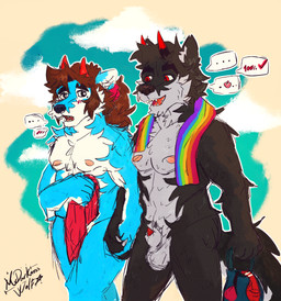 beach_towel casual_nudity compliment covering covering_crotch covering_self dialogue duo hand_holding male nipples speech_bubble towel wet wet_body mrdarknesswolf dantalos mrdarknesswolf_(character) canid canine canis demon hybrid mammal wolf hi_res