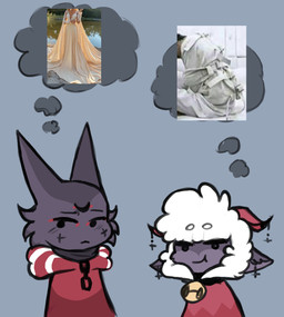 ambiguous_anthro ambiguous_gender anthro bell bell_collar blush cheek_tuft clothed clothed_anthro clothing collar dress duo facial_tuft fur grey_background horn red_clothing restraints simple_background straitjacket thought_bubble tuft wedding_dress white_body white_fur white_wool wool_(fur) crow-ig cult_of_the_lamb massive_monster_(studio) lamb_(cult_of_the_lamb) narinder bovid caprine domestic_cat felid feline felis mammal sheep hi_res