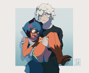 5_fingers 5_toes angry anthro barefoot biped blue_hair bottomwear bridal_carry brown_body brown_fur butt carrying_another carrying_partner cellphone clothed clothing cross-popping_vein crossed_feet duo electronics facial_markings feet female fingers fluffy fluffy_tail fur gloves_(marking) hair head_markings heterochromia holding_object holding_phone humanoid_feet humanoid_hands leg_markings male markings mask_(marking) open_mouth phone plantigrade shirt shorts simple_background smartphone socks_(marking) soles tail tank_top toes topwear white_hair enigma_(artist) brand_new_animal studio_trigger michiru_kagemori shirou_ogami canid canine human mammal raccoon_dog tanuki 2021 absurd_res hi_res