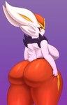 anthro big_breasts big_butt blush breasts butt female fur looking_at_viewer looking_back orange_body orange_eyes orange_fur purple_background simple_background solo thick_thighs white_body white_fur huwon nintendo pokemon cinderace generation_8_pokemon pokemon_(species) 2021 absurd_res digital_media_(artwork) hi_res