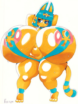 ankh ankh_print anthro areola areola_slip bangs big_areola big_breasts big_nipples black_eyebrows blue_body blue_ears blue_eyes blue_fur blue_tail blush blush_lines bodily_fluids breasts clothed clothing eyebrows female female_anthro front_view fur glistening glistening_breasts glistening_clothing glistening_legwear glistening_thigh_highs hands_behind_head huge_breasts hyper hyper_breasts legwear long_tail markings nipple_outline nipples one-piece_swimsuit pink_areola sling_bikini solo striped_markings striped_tail stripes sweat sweaty_breasts sweaty_legs sweaty_thighs swimwear tail tail_markings thick_thighs thigh_highs uraeus white_sclera yellow_body yellow_fur yellow_inner_ear yellow_tail angstrom animal_crossing nintendo ankha_(animal_crossing) domestic_cat felid feline felis mammal 2024 absurd_res dated full-length_portrait hi_res portrait traditional_media_(artwork)