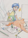 backpack blue_hair blush book drawing duo eyewear feral glasses hair male smile wings tabasukotrr bandai_namco digimon joe_kido digimon_(species) human mammal patamon hi_res traditional_media_(artwork)