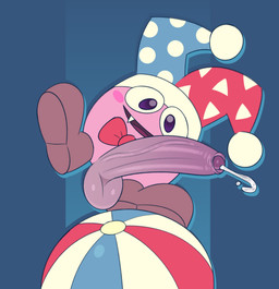 balancing_on_ball ball beach_ball big_penis bodily_fluids bow_tie clothing erection fangs fool's_hat footwear foreskin genital_fluids genitals hat headgear headwear humanoid_genitalia humanoid_penis inflatable long_penis looking_at_viewer male on_one_leg open_mouth open_smile penis pink_body pink_skin precum precum_string shoes simple_background smile solo standing teeth vein veiny_penis gemsum kirby_(series) nintendo marx_(kirby) waddling_head 2026 hi_res