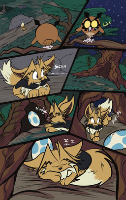 7_panel_comic ambiguous_gender beak biped black_cape black_clothing black_eyes black_nose bodily_fluids branch brown_body brown_hair cape clothing duo egg eyes_closed feathers feral fluffy fluffy_tail forest fur grass hair inner_ear_fluff leaf looking_at_another lying neck_tuft night on_one_leg outside paws plant quadruped saliva shrub sky sleeping solo_focus sound_effects standing star tail tail_feathers text tongue tongue_out toony tree tuft vowelless vowelless_sound_effect walking white_sclera white_text yellow_text zzz zincxiron nintendo pokemon pokemon_mystery_dungeon spike_chunsoft virmir_(character) eevee generation_1_pokemon generation_2_pokemon hoothoot pokemon_(species) 2025 absurd_res comic english_text hi_res