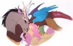 2022 antlers beard blue_body blue_feathers brown_body brown_fur chimera claws digital_media_(artwork) discord_(mlp) draconequus duo equid equine eyebrows facial_hair feathered_wings feathers female feral fluttershy_(mlp) friendship_is_magic fur grey_body grey_fur grey_hair hair hasbro horn larger_feral larger_male leonerdman long_neck male mammal mismatched_wings multicolored_body multicolored_fur my_little_pony mythological_creature mythological_equine mythology pegasus pink_hair pink_tail red_eyes red_tail simple_background size_difference smaller_female smaller_feral spikes tail white_background wings yellow_body yellow_feathers yellow_fur yellow_sclera
