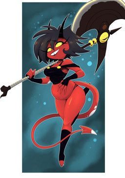 4_fingers axe black_hair bottomwear breasts buckteeth clothed clothing eyelashes female fingerless_gloves fingers gloves hair handwear horn legwear markings mole_(marking) multicolored_body not_furry pregnant pregnant_female pregnant_humanoid pupils red_body slit_pupils solo spade_tail tail teeth topwear two_tone_body white_body yellow_sclera vale-city hellaverse helluva_boss millie_(helluva_boss) demon humanoid imp 2026 absurd_res full-length_portrait hi_res portrait