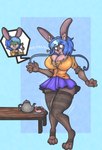 anthro big_breasts blue_hair bottomwear breast_expansion breasts buckteeth button_(fastener) button_pop cake clothing dessert duo eating_cake expansion female fingerpads food hair legwear open_mouth pawpads purple_bottomwear purple_clothing purple_skirt shirt simple_background skirt smile solo_focus standing stockings surprise teeth topwear wardrobe_malfunction yellow_clothing yellow_shirt yellow_topwear transfurom mice_tea lazuli_delarosa margaret_de_campos lagomorph leporid mammal mouse murid murine rabbit rodent 2022 absurd_res digital_media_(artwork) hi_res huge_filesize