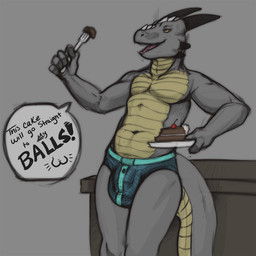 abs anthro biceps biped bulge cake cherry clothed clothing cutlery dessert dialogue eating food fork fruit grey_body horn kitchen_utensils male muscular muscular_anthro muscular_male pecs plant pose scales solo standing tail text tools topless yellow_eyes conditional_dnp tojo_the_thief mythology talash dragon mythological_creature mythological_scalie reptile scalie 1:1 english_text
