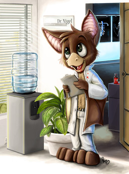 anthro big_ears blood blood_in_mouth bodily_fluids bottomwear brown_body brown_fur brown_wings clipboard clothed clothing coat doctor fur green_eyes head_tuft holding_clipboard holding_object inside lab_coat male male_anthro membrane_(anatomy) membranous_wings open_lab_coat pants pink_inner_ear plant plant_pot potted_plant solo standing tan_body tan_fur tan_wings topwear tuft white_bottomwear white_clothing white_pants wings young young_anthro young_male pandapaco bat mammal hi_res