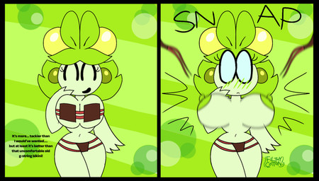 anthro anthrofied big_breasts bikini black_sclera blush blush_lines breasts clothed clothing dialogue ear_piercing embarrassed embarrassing_exposure exposed_breasts eyes_closed female green_background green_body green_hair green_nipples hair navel nipples piercing plant pokemorph simple_background solo swimwear text torn_clothing two-piece_swimsuit wardrobe_malfunction white_eyes filthycottonart unfortu-nate nintendo pokemon amanda_(unfortu-nate) dolliv elemental_creature flora_fauna generation_9_pokemon pokemon_(species) 2024 digital_media_(artwork) english_text hi_res