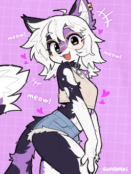anthro back_arch belly big_tail black_body black_fur blush blush_lines bottomwear breasts clothing collar crop_top denim denim_bottomwear denim_clothing denim_shorts ear_piercing eyelashes eyelashes_through_hair eyewear female fluffy fluffy_ears fluffy_tail fur fur_markings glasses hair hands_on_knees hands_on_legs heart_symbol heterochromia hotpants leg_markings long_hair looking_at_viewer markings messy_hair multicolored_body multicolored_ears multicolored_fur onomatopoeia open_mouth piercing purple_body purple_fur round_glasses shirt shorts small_breasts solo sound_effects spots spotted_markings tail text thigh_markings topwear translucent translucent_hair wearing_glasses white_body white_fur white_hair jayrnski domestic_cat felid feline felis mammal 2026 english_description english_text hi_res