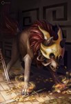 ambiguous_gender brown_body brown_fur claws coin digitigrade fangs feral finger_claws fur gold_(metal) gold_coin inner_ear_fluff melee_weapon quadruped solo sword teeth toe_claws tuft weapon naiterion canid canine canis mammal wolf 2014 digital_media_(artwork) hi_res shaded