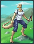 4_toes 5_fingers anthro backpack barefoot blue_bottomwear blue_clothing blue_shorts bottomwear breasts brown_body brown_skin claws clothing cloud digitigrade feet female fingers hiking looking_at_viewer mountain non-mammal_breasts outside shirt shorts sky solo tail toes topwear trekking_pole white_clothing white_shirt white_topwear yellow_eyes iggi jenny_(slither) lizard reptile scalie 2011 digital_media_(artwork)