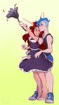 anthro blue_hair cleaning_tool clothing duo feather_duster female female/female femboy grope hair maid_uniform red_hair uniform garbonzobear lauren_aza lucy_tesherk human lagomorph leporid mammal rabbit absurd_res hi_res