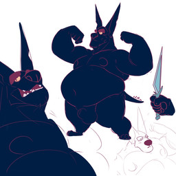 animal_genitalia anthro balls belly big_belly black_balls black_body black_ears black_inner_ear black_nipples black_sheath dagger flexing flexing_bicep front_view fully_sheathed genitals holding_dagger holding_melee_weapon holding_object holding_weapon male male_anthro melee_weapon mouth_closed navel nipples nude obese obese_anthro obese_male open_mouth overweight overweight_anthro overweight_male sheath simple_background solo standing teeth weapon white_background chocolateandmilk canid canine mammal 1:1 sketch_page
