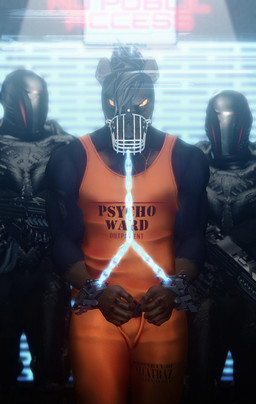ambiguous_gender anthro armor bound chain chained collar cuff_(restraint) dominant dominant_human gag group male military muscular muzzle_(object) prison_uniform prisoner restrained restraints science_fiction shackles soldier warrior weapon ranharasaki canid canine canis dobermann domestic_dog human mammal pinscher hi_res