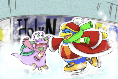 anthro beak blue_body blue_feathers clothed clothing detailed_background duo eyes_closed facial_hair feathers footwear goatee green_shell hand_holding hat headgear headwear ice ice_skates ice_skating male mature_anthro mature_male open_mouth purple_body robe scarf shell yellow_beak chasoba11 kirby:_right_back_at_ya! kirby_(series) nintendo escargoon king_dedede avian bird gastropod mollusk penguin snail 2011 japanese_description