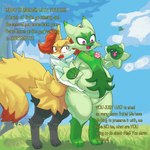 anthro belly big_belly blue_sky duo fur green_body green_fur outside overweight sky text yellow_body yellow_fur gummyfruitcup nintendo pokemon pokemon_mystery_dungeon spike_chunsoft braixen canid canine felid feline floragato generation_6_pokemon generation_9_pokemon mammal pokemon_(species) 1:1 2024 english_text hi_res
