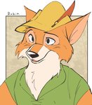 anthro clothed clothing fur male simple_background solo shimomaro disney robin_hood_(disney) robin_hood canid canine fox mammal red_fox true_fox