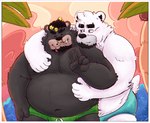 anthro beach belly big_belly black_body black_nose clothing duo facial_piercing hug hugging_another hugging_from_behind male male/male moobs navel nose_piercing nose_ring overweight overweight_male piercing ring_piercing swimwear 06junior11 bear mammal polar_bear ursine 2024 hi_res