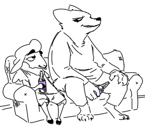 alcohol anthro beverage clothing drunk duo fur furniture male simple_background sitting size_difference smile sofa substance_intoxication teeth wool_(fur) nobby_(artist) disney pack_street zootopia al_(weaver) fan_character remmy_cormo bovid canid canine canis caprine domestic_sheep mammal sheep wolf digital_media_(artwork) hi_res