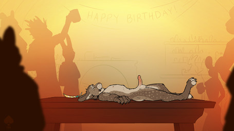 anthro balls birthday claws digitigrade erection exhibitionism eyes_closed fur genitals glans group humanoid_genitalia humanoid_penis lying male markings nipples nude on_back open_mouth open_smile party penis short_fur silhouette smile solo_focus spots spotted_body toony whiskers fek draw_your_oc_here dungeons_and_dragons hasbro wizards_of_the_coast background_character fekkri_talot felid mammal tabaxi 16:9 hi_res meme widescreen