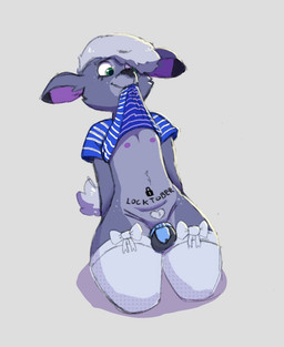 anthro balls bow_ribbon chastity_cage chastity_device clothed clothing clothing_lift femboy footwear fur genital_focus genitals green_eyes grey_body grey_fur grey_hair hair happy heart_symbol kneeling leggings legwear male markings nipples nude nude_anthro nude_male pattern_clothing pattern_shirt pattern_topwear penis penis_focus presenting presenting_penis purple_inner_ear shirt shirt_in_mouth shirt_lift smile socks solo spots spotted_body spotted_fur stockings striped_clothing striped_shirt striped_topwear stripes tail thick_thighs thigh_highs topwear sussysheer locktober sheer_(sussysheer) bovid caprine deer hybrid mammal sheep