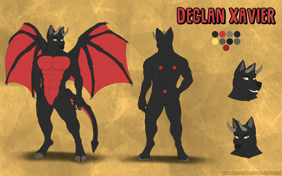anthro black_body black_fur featureless_crotch fur horn male membrane_(anatomy) membranous_wings solo wings yellow_eyes haylobun mythology declan_xavier_(character) canid canid_demon demon mammal 16:10 hi_res model_sheet widescreen