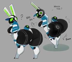 anthro big_breasts big_butt breasts butt clothed clothing electronics female green_eyes headgear headphones huge_butt huge_hips looking_at_viewer looking_back machine onomatopoeia open_mouth simple_background solo sound_effects text thick_thighs wide_hips meeplux project_turboblast tempo_(project_turboblast) animal_humanoid humanoid hybrid lagomorph leporid mammal rabbit robot robot_anthro 2026 absurd_res digital_media_(artwork) english_text hi_res