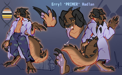 clothing coat duffel_bag fatigues horn lab_coat male solo tail tongue tongue_out topwear yellow_eyes conditional_dnp elvche bethesda_game_studios fallout microsoft erryl_hadlan fan_character deathclaw scalie absurd_res hi_res model_sheet