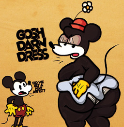 anthro big_butt black_body black_breasts black_ears bottomwear breasts butt clothing dress duo eyelashes female flower gloves handwear hat headgear headwear looking_at_viewer male narrowed_eyes open_mouth pie_cut_eyes plant rear_view red_bottomwear red_clothing red_shorts short_dress shorts standing tail text thick_thighs thin_tail lewdewott disney mickey_mouse minnie_mouse mammal mouse murid murine rodent 2024 digital_drawing_(artwork) digital_media_(artwork) english_text