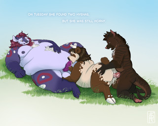 abstract_background anthro bodily_fluids cum female from_behind_position genital_fluids grass group group_sex male male/female nude oral oral_penetration outside overweight overweight_female overweight_male penetration plant sex text threesome trio vaginal vaginal_penetration palehorntea taebear bear bovid bovine giant_panda hybrid hyena mammal 5:4 english_text hi_res