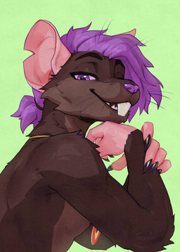 accessory anthro black_fingernails black_nails buckteeth clothed clothing colored_nails fingernails hair hair_accessory hair_tie jewelry male male_anthro monotone_background nails necklace pendant ponytail purple_eyes purple_hair rat_ears simple_background smile solo teeth topless topless_anthro topless_male hauringu tucci mammal murid murine rat rodent hi_res