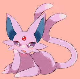 ambiguous_gender blush feral forehead_gem forked_tail gem looking_at_viewer lying multicolored_ears on_side open_mouth pink_body pink_tail purple_eyes red_forehead_gem red_gem simple_background solo tail unusual_anatomy unusual_tail yakiniku628 nintendo pokemon eeveelution espeon generation_2_pokemon pokemon_(species) colored hi_res
