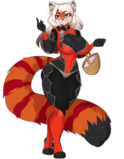 anthro armwear basket big_breasts black_body black_fur boots breasts clothing container eye_markings female footwear fur hair highlights_(coloring) legwear markings ninja_outfit ninja_suit orange_body orange_fur raised_finger red_body red_fur red_hair red_highlights shoes short_hair simple_background smile smiling_at_viewer smirk smirking_at_viewer solo striped_markings striped_tail stripes tail tail_markings thigh_boots thigh_highs white_hair nothing-left fuai_satya_(nickzilla) ailurid mammal red_panda absurd_res hi_res